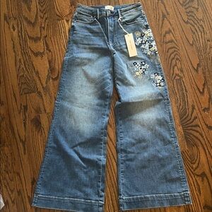 Driftwood Floral Embroidered Blue Jeans Martha Wide Leg Size 27 NEW!